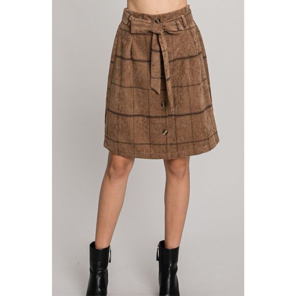 Brown Plaid Corduroy tie waist skirt - Picture 1 of 4